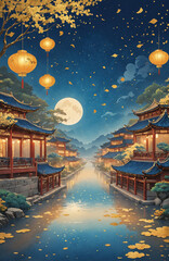 elegant mid autumn festival blue card lantern chinese architecture moon golden colour 