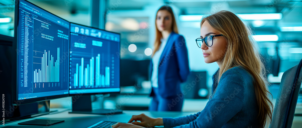 Poster women working with data on computer screens in modern office, focus on charts and graphs.