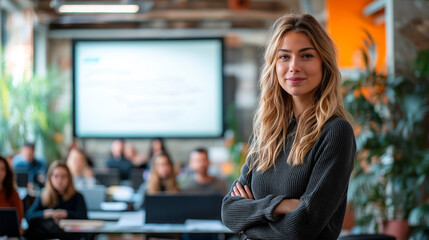 Confident woman standing in a modern classroom with students in the background.