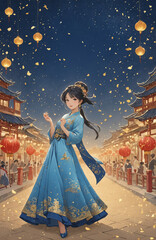 elegant mid autumn festival blue card lantern chinese architecture moon golden colour 