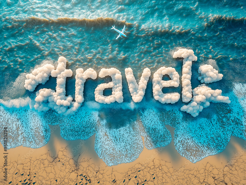 Poster aerial view of word travel written with clouds over ocean waves and sandy beach. ai generative.
