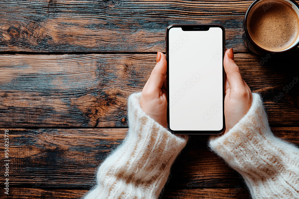 Poster mockup of a smartphone with a blank screen held in hands over a wooden table.