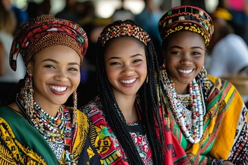 Smiling African women, South Africans celebrating Heritage Day with traditional clothing cultural diversity