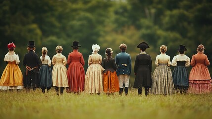 Participants in traditional attire historical reenactment background, celebrating Constitution Day USA