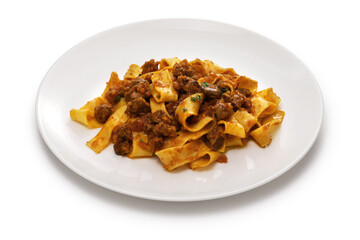 Homemade pappardelle pasta with lamb ragu sauce. Italian cuisine.