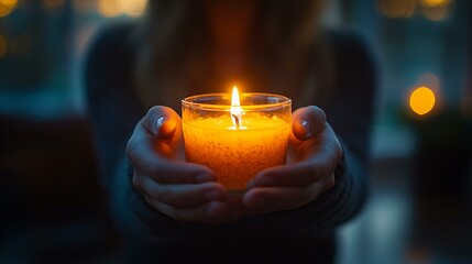 Peace activist young woman holding candles in hands on dark background World Peace Day