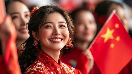 Woman celebrating founding Peoples Republic of China with flags and traditional clothing joyful gathering