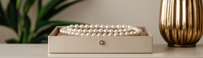 Elegant pearl necklace displayed in a chic jewelry box beside a decorative vase, enhancing the luxurious interior ambiance.