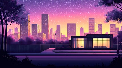 Fototapeta premium Colorful city skyline at dusk with modern architecture under a starry sky.