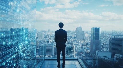 A businessman confidently overlooks a stunning futuristic city filled with digital advancements