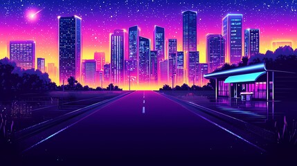 Fototapeta premium A vibrant neon cityscape at dusk, featuring glowing skyscrapers and a serene bus stop.