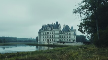Fototapeta premium An elegant old castle stands majestically by a peaceful lake, shrouded in mist, evoking a sense of mystery and timelessness.