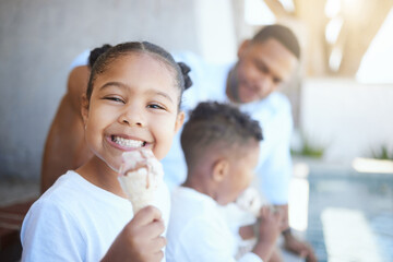 Kid, portrait and eating icecream outdoor for dessert, sweet treat or bonding with family. Girl,...