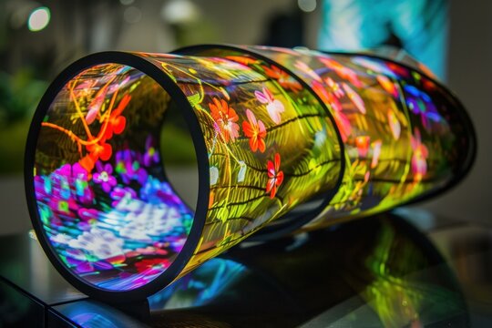 Flexible oled display showing colorful flowers is illuminated at a technology exhibition