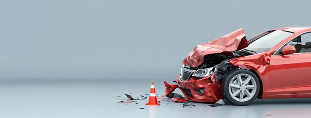 A striking 3D rendering of a red car accident featuring traffic cones, emphasizing safety as a priority in urban environments