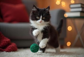 Playful Tuxedo Kitten with Green Ball of Yarn in Cozy Living Room