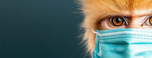 A curious monkey peeks from beneath a blue medical mask, displaying expressive eyes in high-resolution macro photography against a dark backdrop