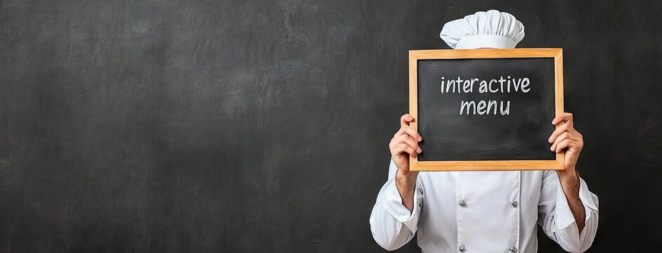 Chef unveils mystery of interactive menu on blank chalkboard, inviting culinary exploration in a cozy restaurant setting
