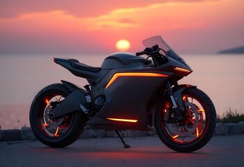 Fototapeta premium Sleek Electric Motorcycle with LED Lighting at Sunset