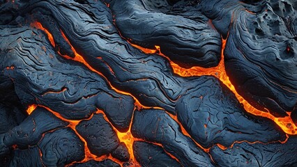 Obraz premium Closeup of glowing lava flowing through cracks in solidified lava rock.