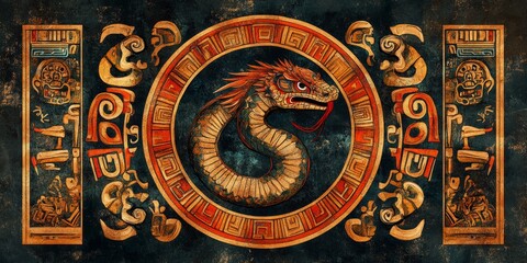 Fototapeta premium Elegant Coatl Icon: Abstract Aztec Calendar Design for Year of the Snake 2025. Blue-Orange Serpentine Pattern with Cultural Symbolism. Minimalist Composition with Gradient Textures, Ideal for Posters,