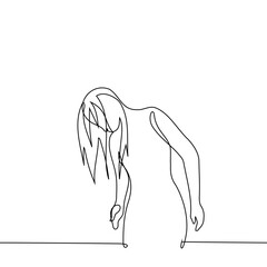 woman with long hair standing tilted forward head - one line art vector. concept long hair care, drying hair after shower