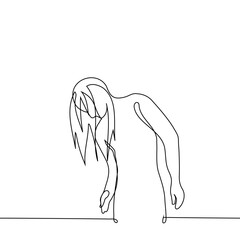 man with long hair standing with head tilted forward - one line art vector. concept long hair care for men