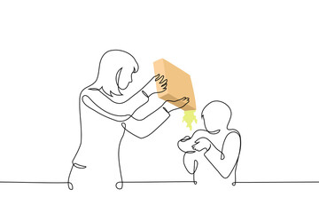 mother pours a lot of cereal into her son's bowl - one line art vector. concept children's love for cereal, impatient mother feeds her child