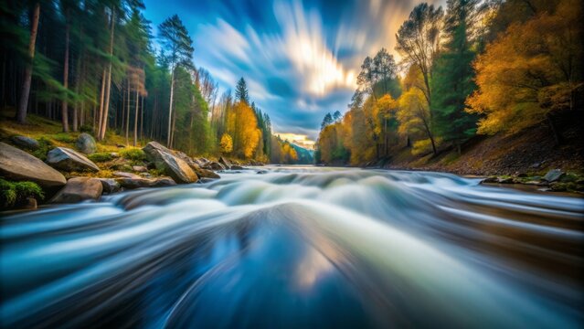 * Capture prolonged motion blur, camera angled above subject, and narrow depth of field to accentuate surface texture and spatial depth.