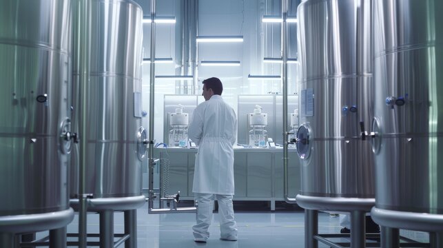 A scientist in a white lab coat stands between large, stainless steel fermentation tanks in a modern, sterile laboratory, representing innovation in scientific research. - Powered by Adobe