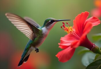 Hummingbird in Midflight Feeding on Red Hibiscus Flower