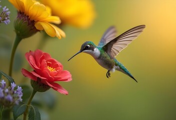 Fototapeta premium Tiny Hummingbird in Midflight Feeding from Vibrant Flowers