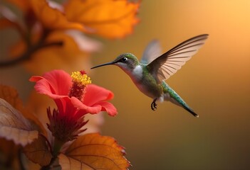 Obraz premium Hummingbird in Midflight Pollinating Red Flower