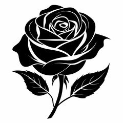 Rose silhouette with leaves. Flower vector illustration on white background