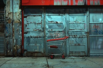 Lone shopping cart sits in front of a decaying urban storefront