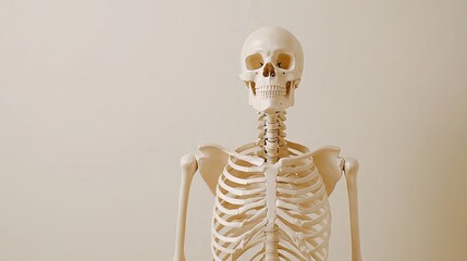 A lifelike skeleton model stands illuminated by sunlight in a light beige setting, inviting creativity in available empty space above