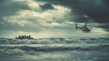 Fototapeta premium A helicopter hovers above a rescue boat navigating the stormy ocean, highlighting a dramatic and intense rescue operation.