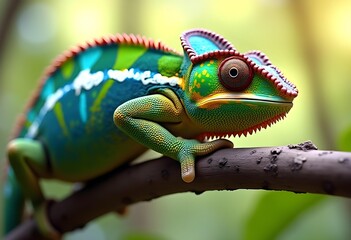 Fototapeta premium Colorful Chameleon on Branch in Lush Natural Habitat