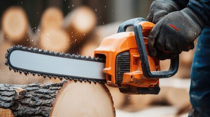Fototapeta premium A skilled craftsman wields chainsaws, creating dust clouds amidst logs in sunlight during a focused logging task