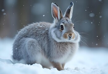 Fluffy Snowshoe Hare in a Winter Wonderland with Falling Snow
