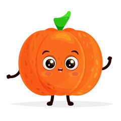 Cartoon character happy orange pumpkin standing and waving hand, excited smiling expression, saying hello, flat vector illustration isolated on white background.