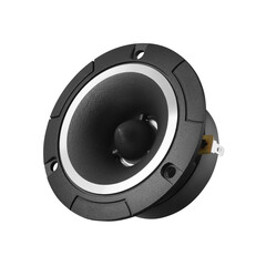 car acoustic system featuring subwoofer and sound speakers. Close-up. Isolate on white background. Side view. Copy space.Side view. High quality photo