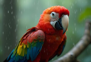 Vibrant Parrot in Rainforest Rain Close-Up
