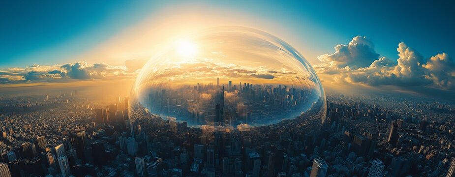 A cityscape under a protective ozone layer dome, showing the connection between urban life and environmental protection, flat art, World Ozone Day