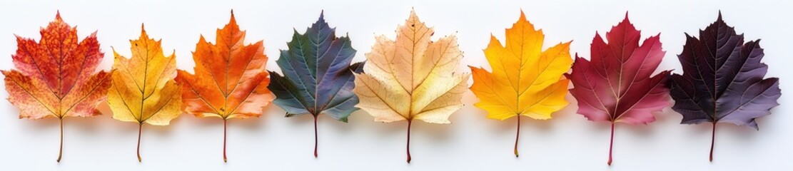 Obraz premium A set of colorful autumn maple leaves isolated on a white background, with copy space