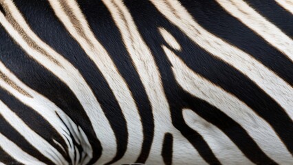 Close-up of zebra stripes, black and white pattern, animal fur texture.
