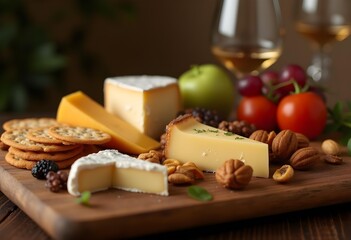 Elegant Cheese Platter with Assorted Cheeses, Nuts, and Fruits