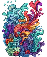 Fototapeta premium A vibrant, abstract illustration of underwater life, featuring colorful fish and swirling aquatic plants.