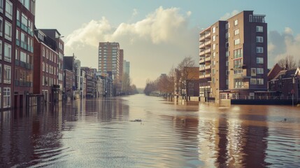 Fototapeta premium A flooded urban street with residential buildings on each side and reflections of the sunset in the water.