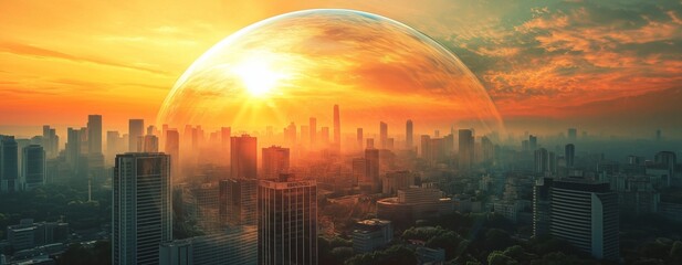 A cityscape under a protective ozone layer dome, showing the connection between urban life and environmental protection, flat art, World Ozone Day